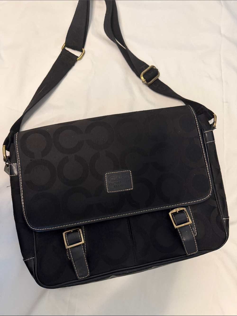 Coach Black Signature Messenger Bag with Brass Hardware